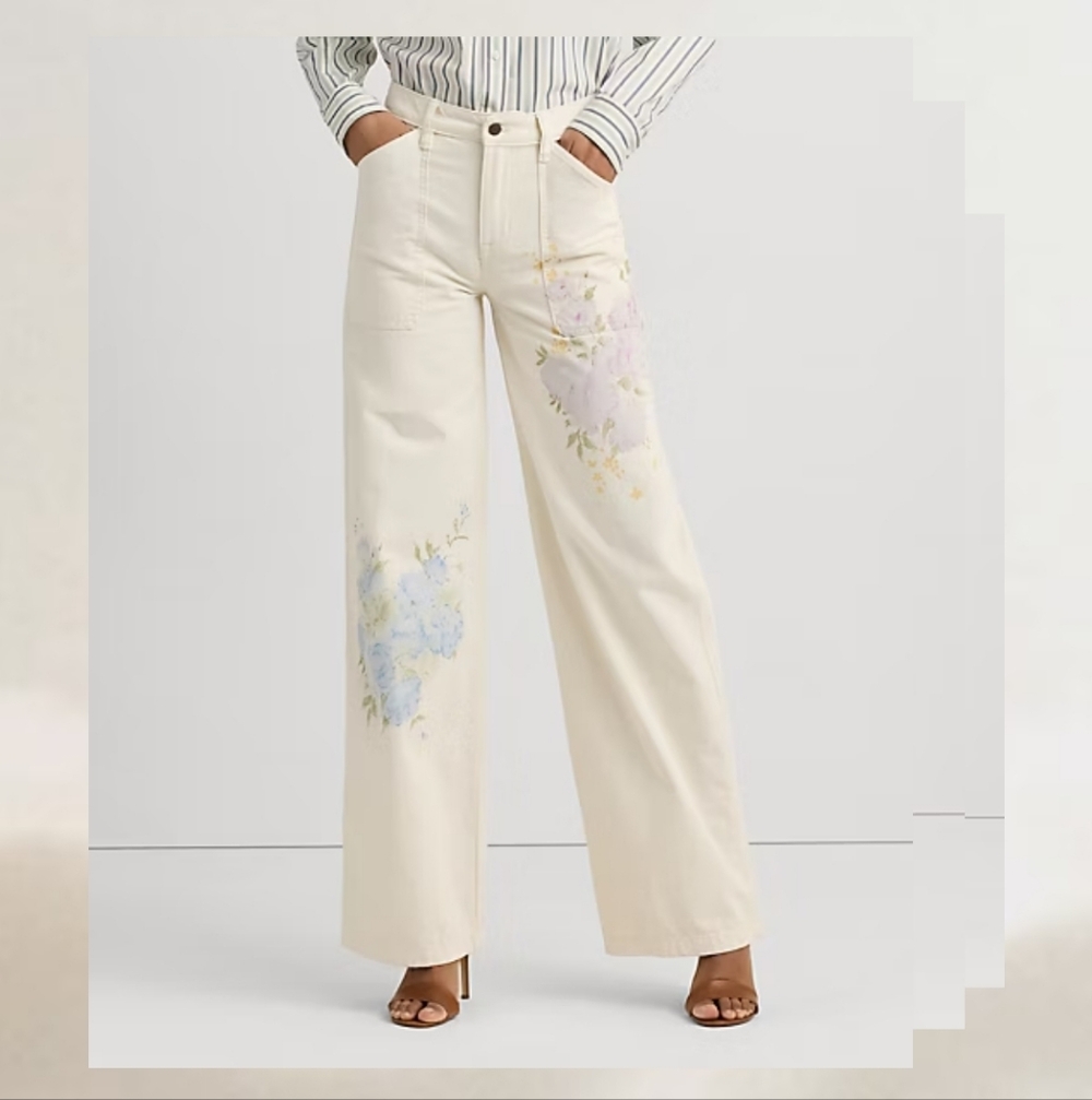 Lauren Ralph Lauren Floral Wide Leg Pants Cream Size 8 NWT $195